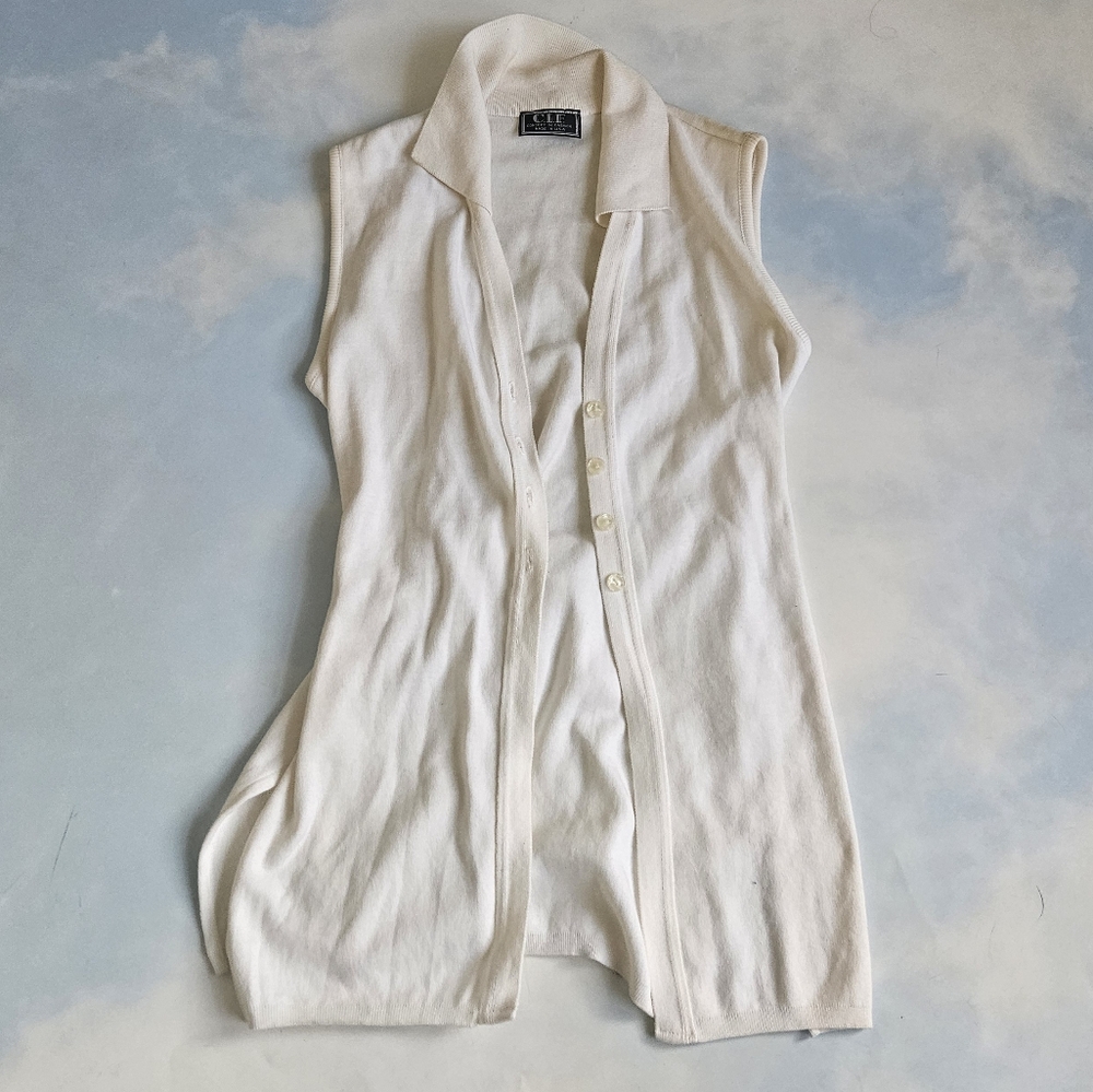 90s Vintage White Sleeveless Button-Up Cardigan Mid Length Cardigan Classic